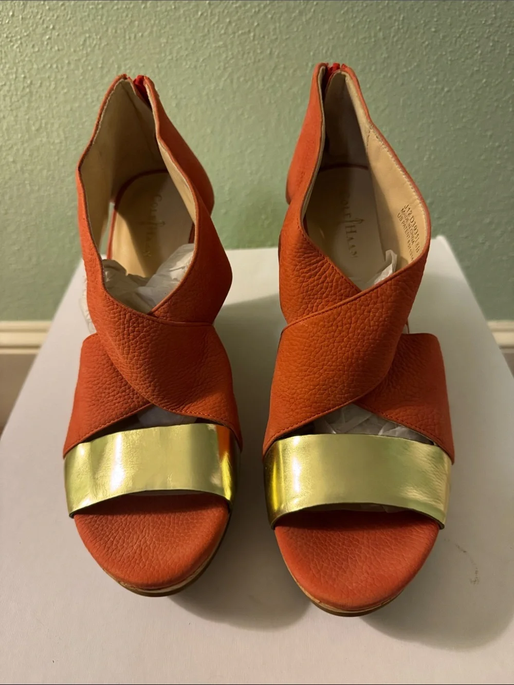 Cole Haan Orange Leather Wedge Sandals with Gold Strap